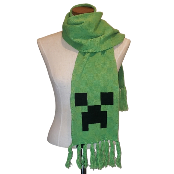 J¡NX Minecraft Creeper Face Fringe Ends Acrylic Knit Scarf Unisex Green Black OS - Picture 4 of 15